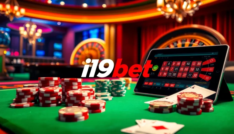 I9bet users engaging at a luxurious casino table with glowing poker chips and vibrant games.