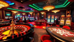 Experience F8bet action with vibrant casino tables, poker players, and diverse slot machines.