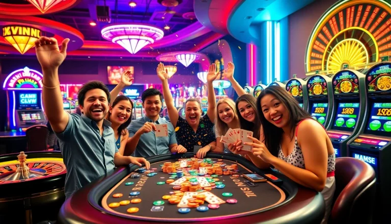 Explosion of a prize-winning lottery celebration at a lively casino table, showcasing joyful players and colorful chips.