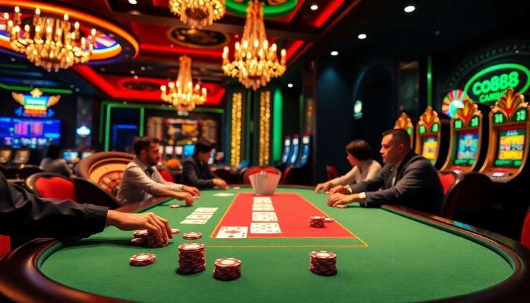 Poker players strategizing at a luxury casino table featuring co88 chips and cards.