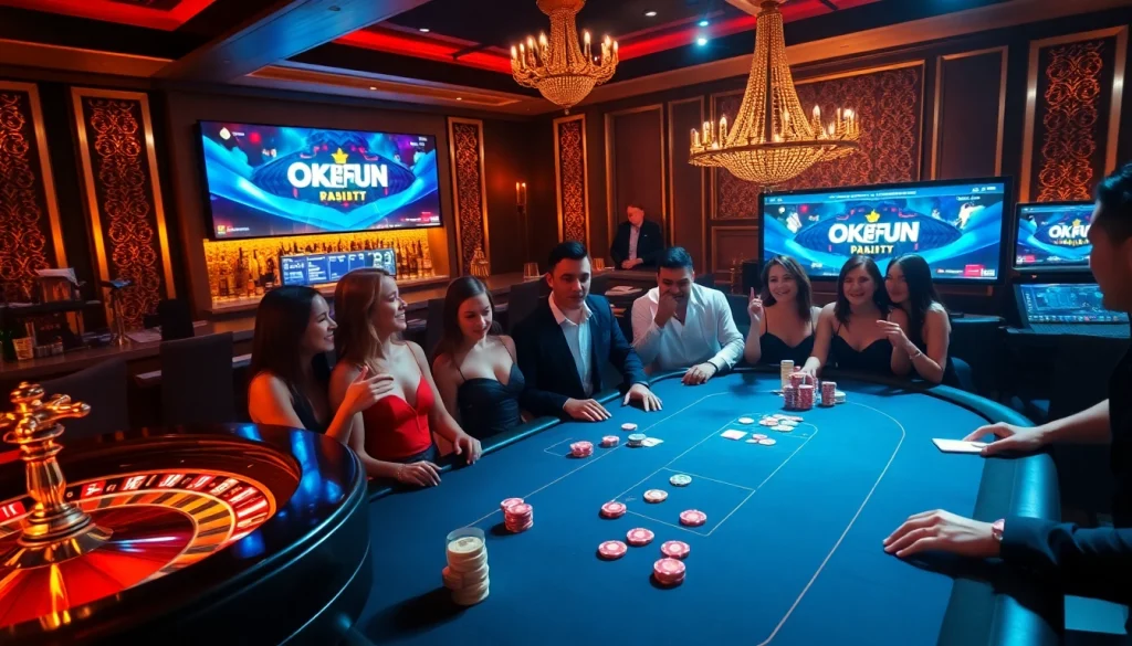 Players enjoy a thrilling game at OKFUN casino, showcasing vibrant poker chips and excitement.