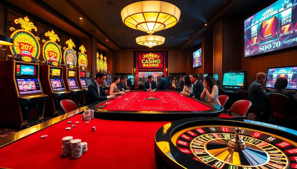 SODO casino scene with players at a high-stakes table and vibrant slot machines, capturing excitement.