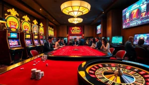 SODO casino scene with players at a high-stakes table and vibrant slot machines, capturing excitement.