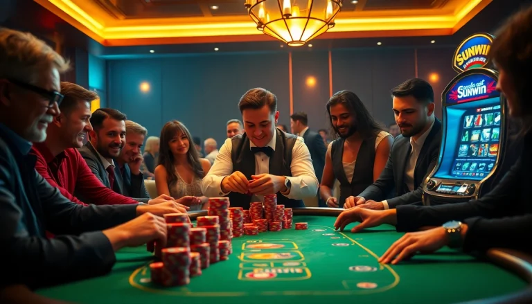 Sunwin casino players engaged in a thrilling poker game with vibrant colors and excitement.