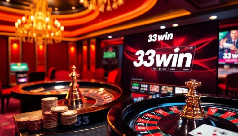 Experience thrilling online gaming with 33win’s vibrant casino setup showcasing tables and chips.