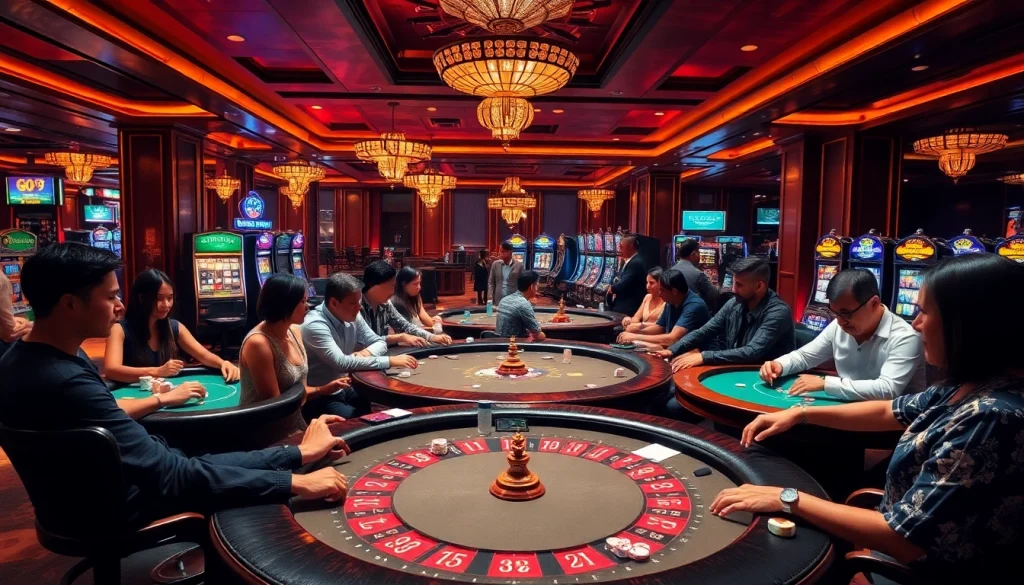 Players winning at GO99 casino tables with high-stakes poker chips and vibrant roulette wheels.
