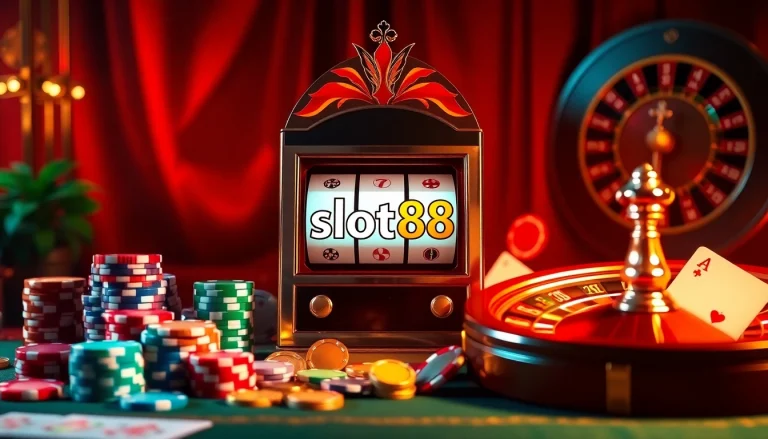 Experience the thrill of slot88 action in a luxurious casino setting filled with vibrant slot machines and gaming elements.
