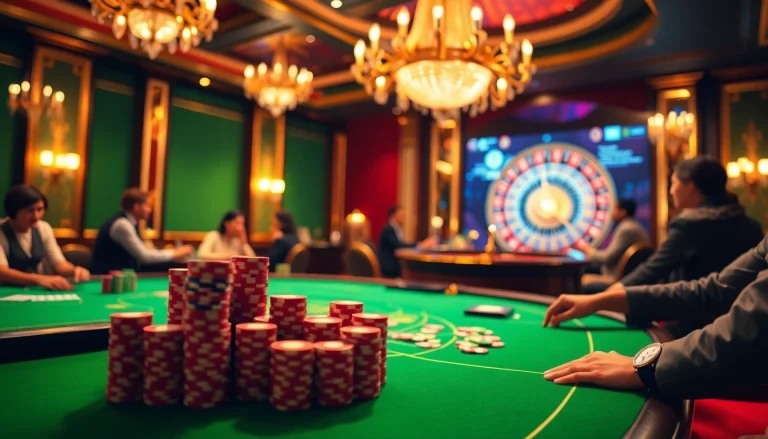 8DAY casino action with vibrant poker tables, roulette wheel, and luxurious gaming atmosphere