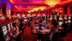 Excited players enjoying slot gacor machines in a vibrant casino atmosphere.