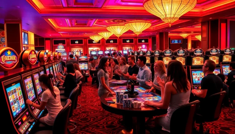 Excited players enjoying slot gacor machines in a vibrant casino atmosphere.
