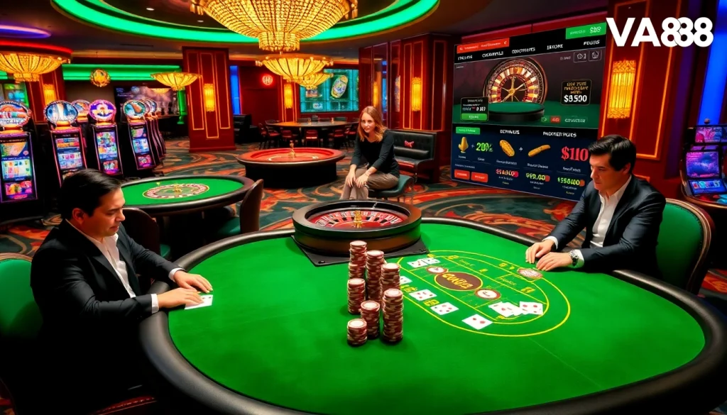 Experience thrilling gaming action at VA88 with vibrant casino tables and slot machines.