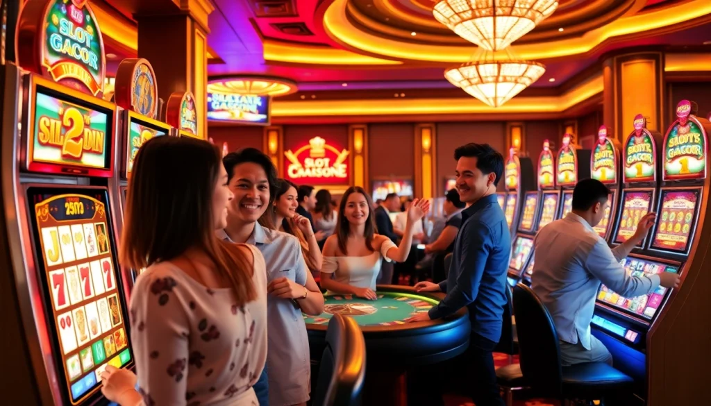 Experience the excitement of slot gacor games with vibrant machines and engaging players in a luxurious casino.