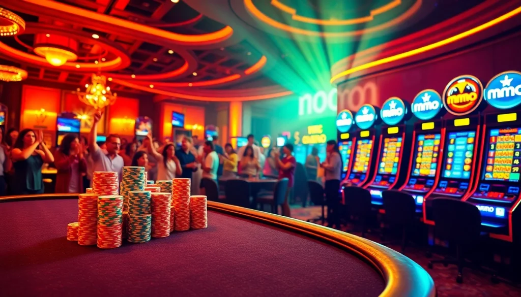 Players winning big at a luxurious casino featuring mmoo branded chips and vibrant gaming setups.
