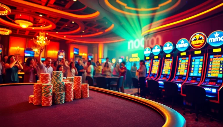 Players winning big at a luxurious casino featuring mmoo branded chips and vibrant gaming setups.