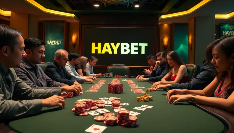 Experience high-stakes action at HAYBET casino with vibrant poker chips and elegant decor.