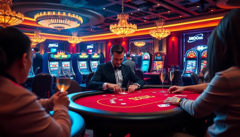 SODO66 players enjoying a thrilling poker game in a luxurious casino setting, showcasing chips and cards.