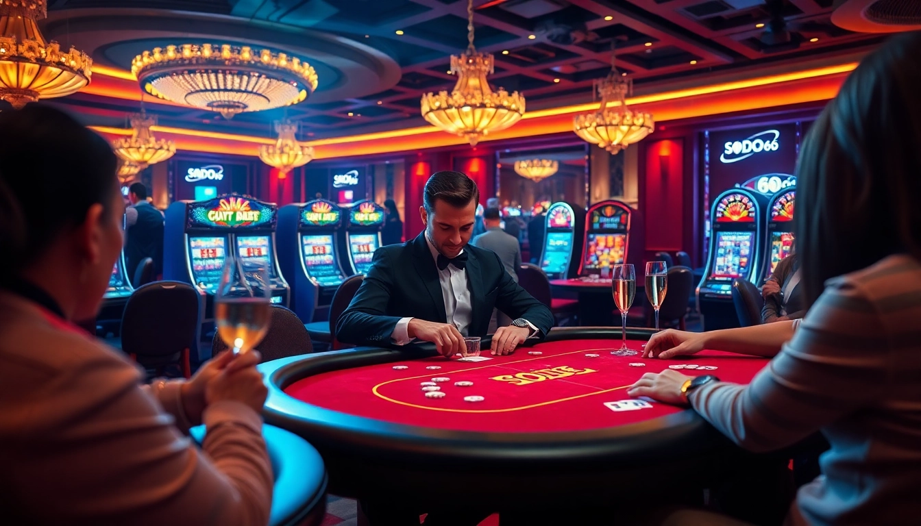 SODO66 players enjoying a thrilling poker game in a luxurious casino setting, showcasing chips and cards.