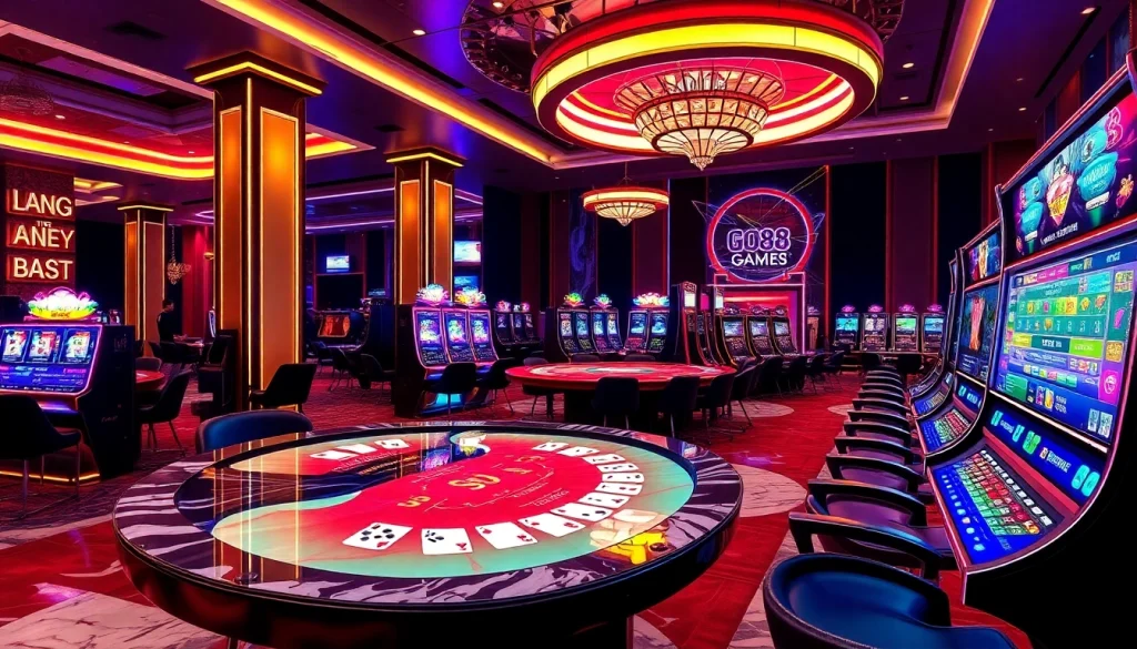 Cổng Game GO88 interactive gaming interface with vibrant poker and slot machine visuals.