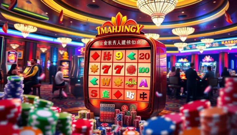 Engage with Mahjong Ways slot machine surrounded by poker chips in a vibrant casino atmosphere.