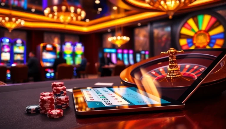 Kèo nhà cái 5 betting scene showcasing poker chips and a glowing roulette wheel in an upscale casino atmosphere.