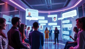 AI chat porn interface showcasing animated discussions and diverse users engaging with avatars.