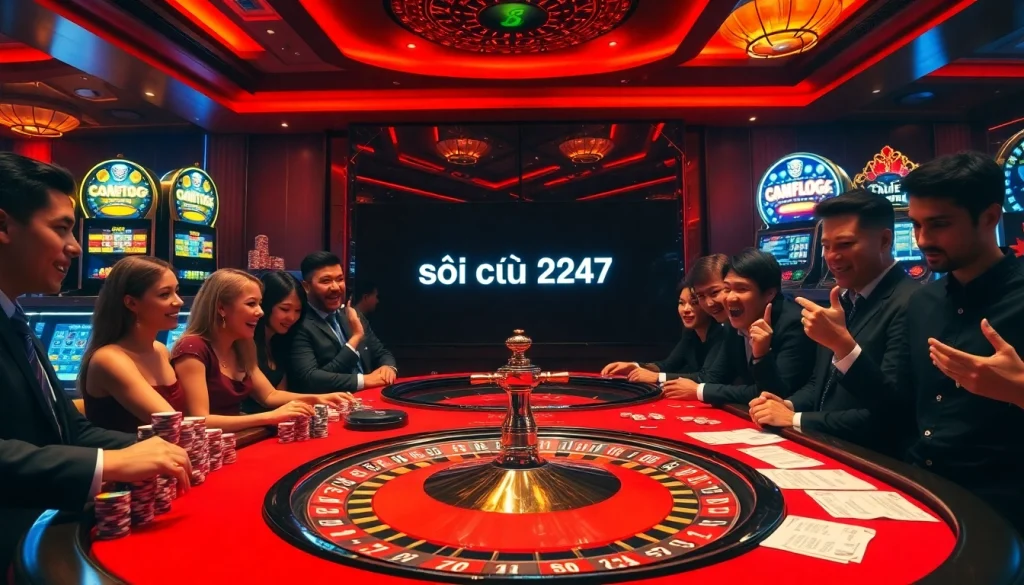 Soi cầu 247 strategy in action at a luxurious casino with roulette table and gambling elements.