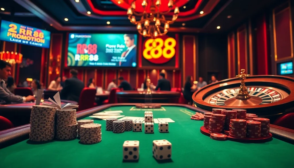 Experience the thrill of games at RR88's premium casino setup with poker tables and roulette wheels.
