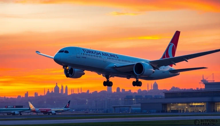 Turkish Airlines TK88 taking off from Istanbul, showcasing vibrant sunset colors and exciting travel atmosphere.