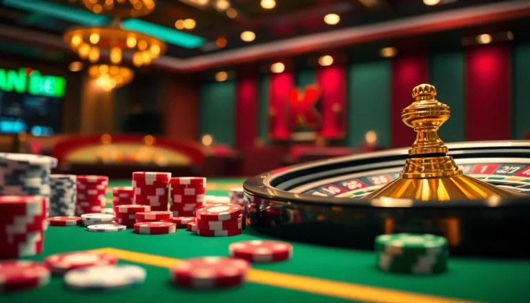 Exciting casino atmosphere at RR88 featuring vibrant poker chips and a roulette wheel.