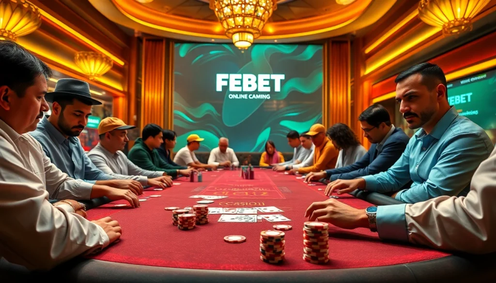 FEBET poker table capturing high-stakes excitement with vibrant chips and cards.