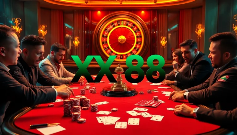 Excited players engaged around a poker table at XX 88 casino, showcasing vibrant chips and a roulette wheel.