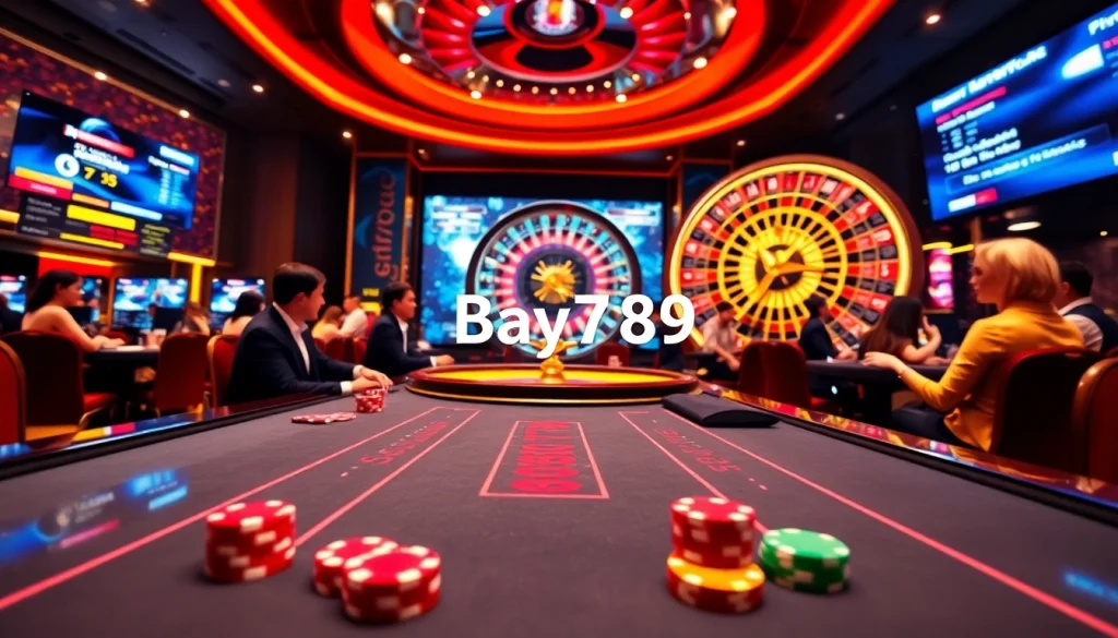 Experience the thrill of Bay789 with engaging casino visuals showcasing poker action.