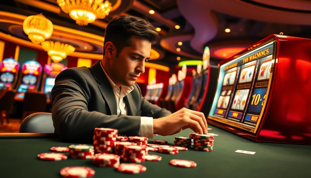 Engaging with a slot gacor machine in a vibrant casino setting, capturing the thrill of the game.