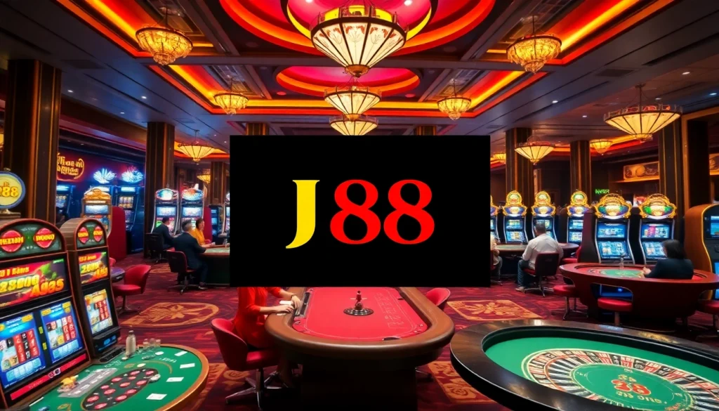 Experience the thrill of J88 đăng nhập at a luxurious casino with vibrant gaming tables and engaging dealers.