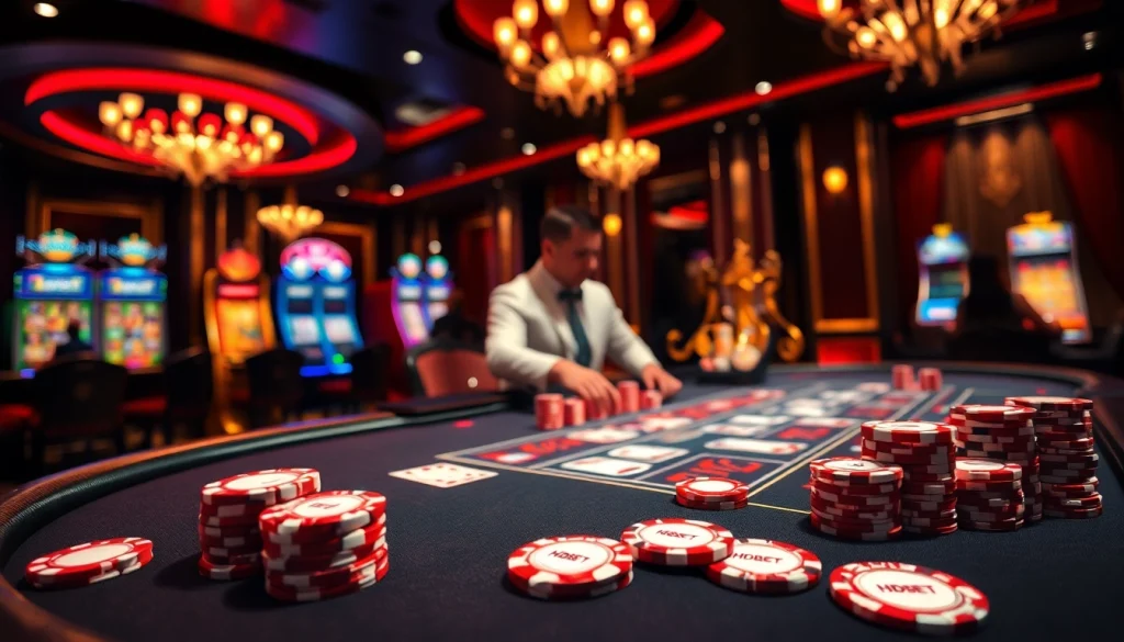 Engaging scene of a professional casino dealer at an HDBET table with vibrant poker chips and cards.