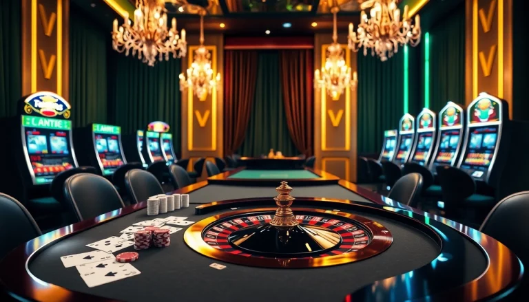 S8 casino scene showcasing vibrant gaming table with poker chips, cards, and roulette wheel.