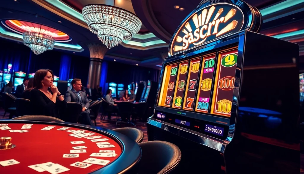 Players celebrating a win at a luxurious slot gacor machine in a vibrant casino.