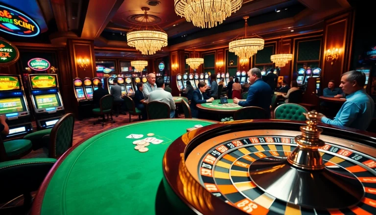 Players enjoying thrilling games at the casino featuring slots and poker tables with https://tx88.green/ ambiance.
