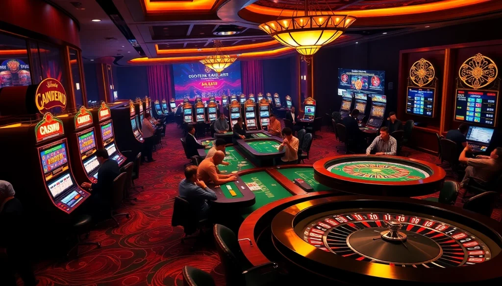 A thrilling gaming atmosphere at 79 king 2 casino, showcasing vibrant slot machines and poker excitement.