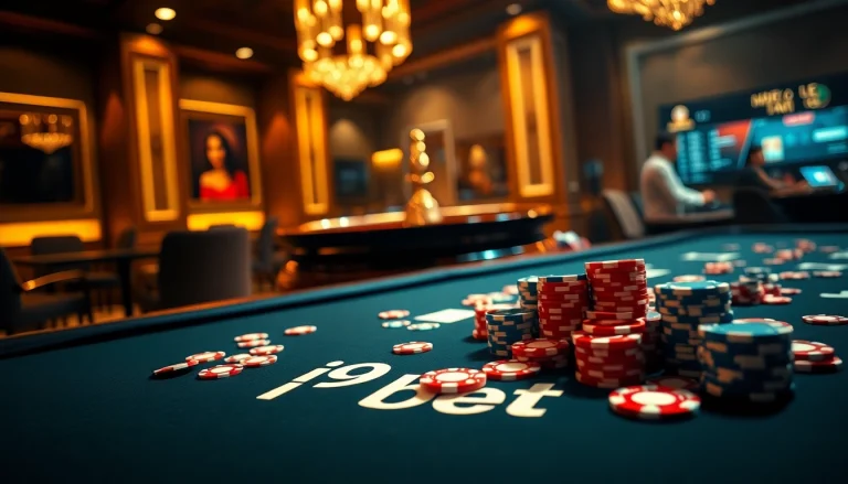 i9bet casino table bustling with excitement and rich poker chips, highlighting online gaming experience