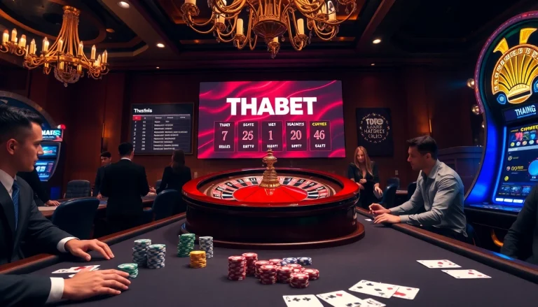 Experience thrilling wins at THABET casino with vibrant poker and roulette scenes.