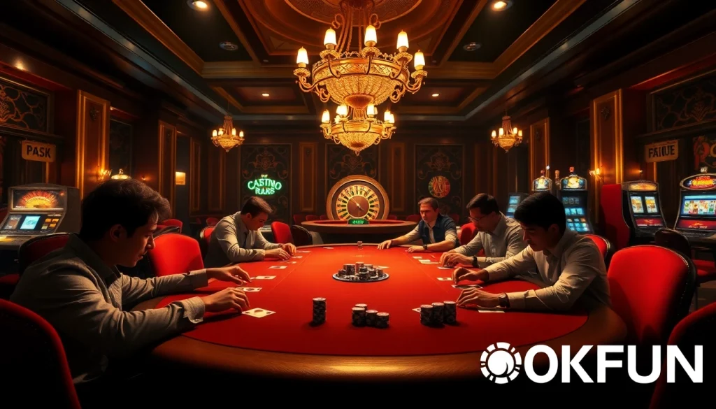 OKFUN brings the excitement of casino life with a luxurious poker table scene filled with intense players and iconic gaming elements.