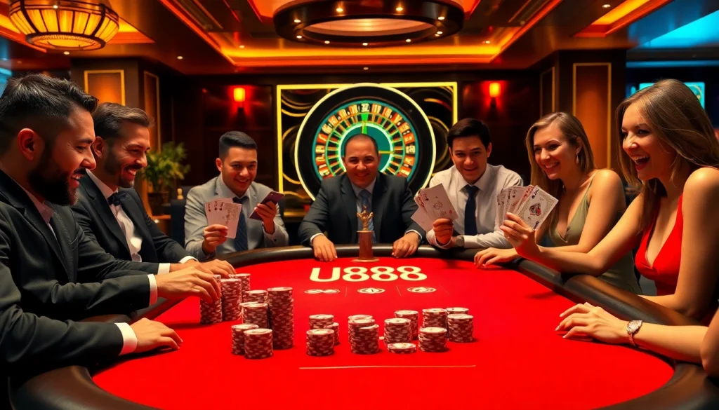Exciting U888 poker game scene showcasing intense players and vibrant casino atmosphere.