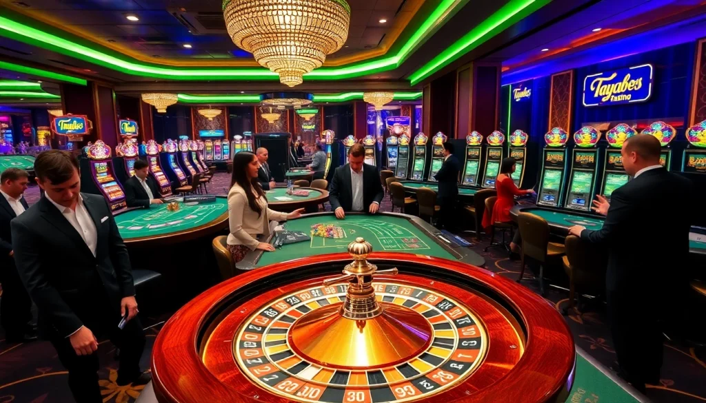 Taya365 players enjoying thrilling casino games with vibrant roulette and slot machines.