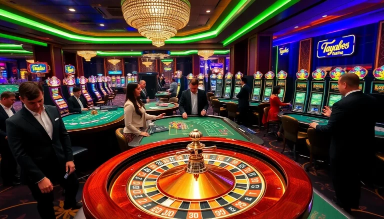 Taya365 players enjoying thrilling casino games with vibrant roulette and slot machines.