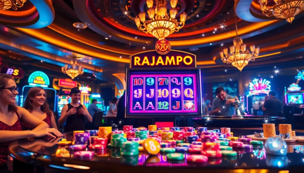 Pemain menikmati kemenangan besar di mesin slot RAJAMPO dalam suasana kasino yang cerah.