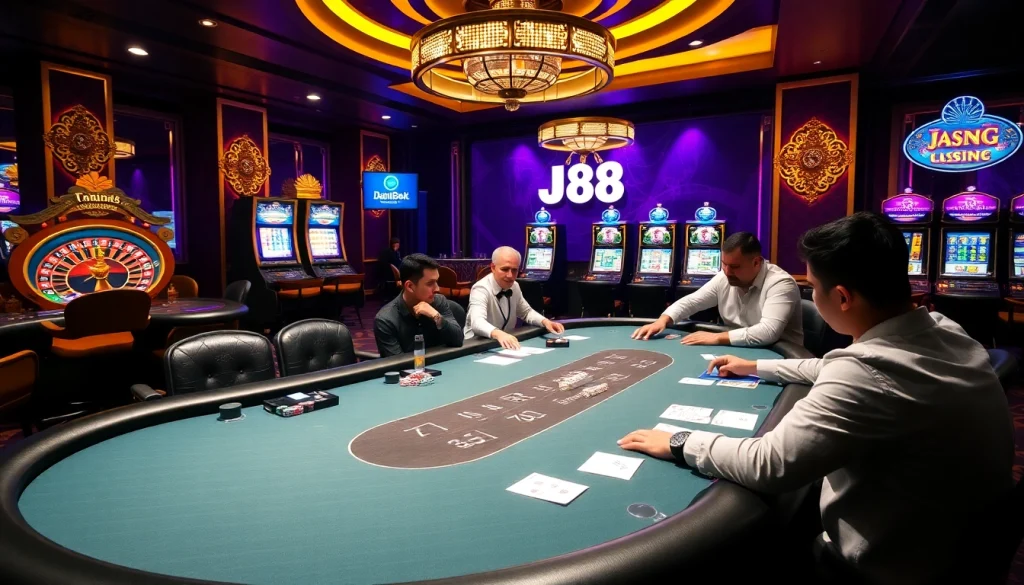 Experience the excitement at J88's high-stakes poker table surrounded by vibrant casino elements.