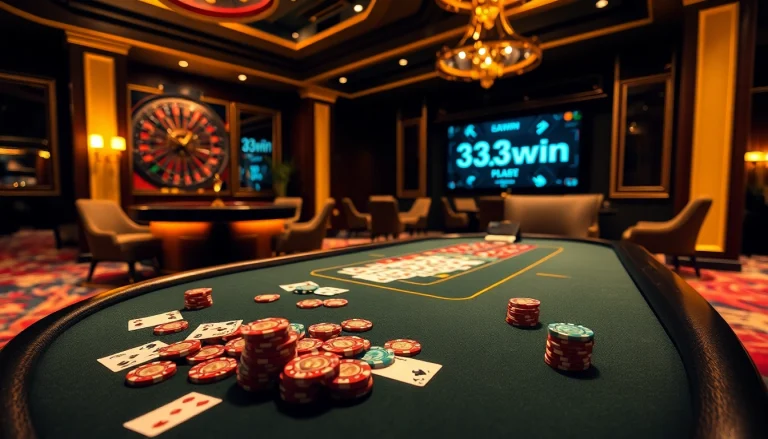 Experience the thrill of gaming at 33win with vibrant poker chips and an elegant roulette wheel.