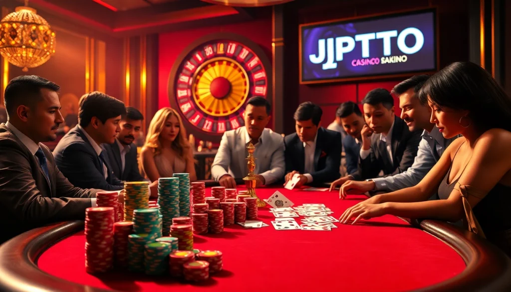 Pemain di meja poker yang merumuskan langkah mereka dengan chip JPTOTO di lingkungan kasino yang ramai.