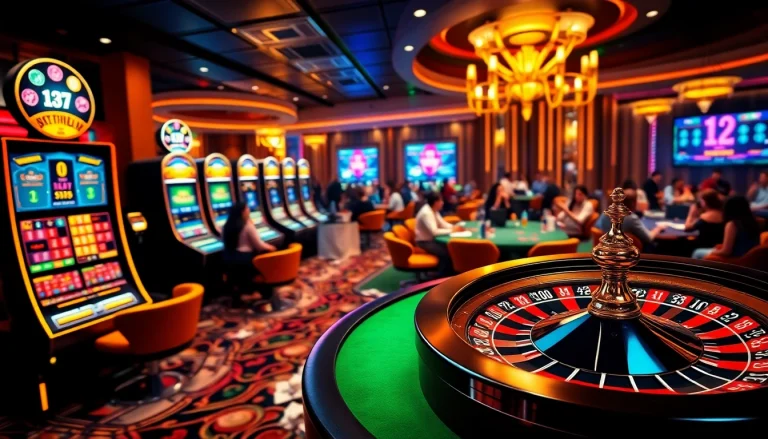 Engaging scene of leci123 with vibrant slot machines and active poker tables, enhancing online gambling excitement.